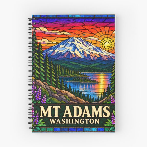 Artikelvorschau, Reiseplakat mit Buntglasmotiven vom Mount Adams, Washington entworfen und verkauft von Swanny's Custom T-shirt and Gift Designs.
