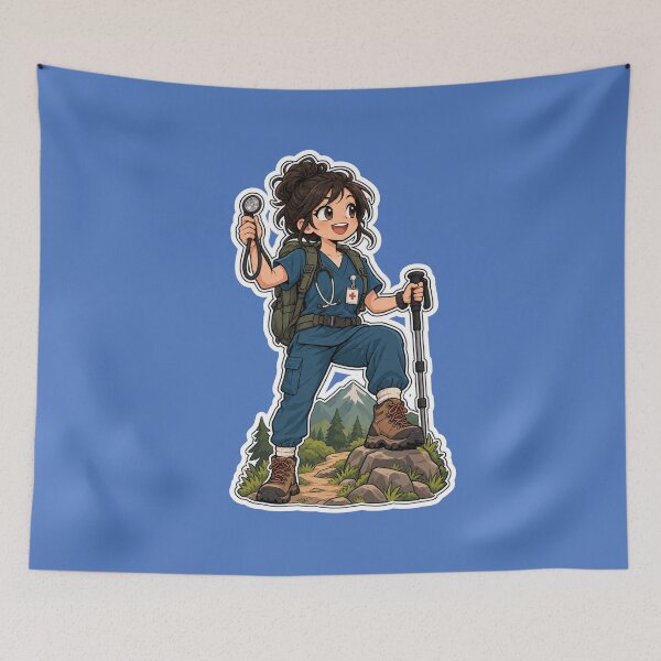 Item preview, Nurse in Scrubs Hiking a Mountain Trail designed and sold by NovaToons.
