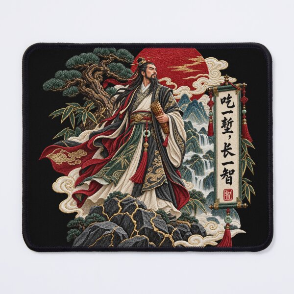 Item preview, Chinese Calligraphy Art – Ancient Chinese Scholar, Mountain Landscape & Embroidered Wisdom Proverb designed and sold by Emoji Emblems.