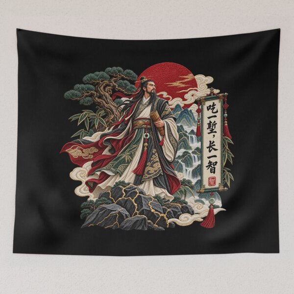Item preview, Chinese Calligraphy Art – Ancient Chinese Scholar, Mountain Landscape & Embroidered Wisdom Proverb  designed and sold by Emoji Emblems.