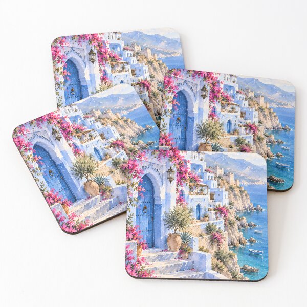 Item preview, Coastal Mediterranean Bougainvillea Watercolour Cliffside Blue designed and sold by Jozefin's Studio.