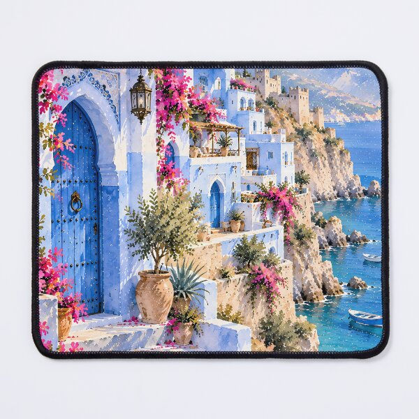 Item preview, Coastal Mediterranean Bougainvillea Watercolour Cliffside Blue designed and sold by Jozefin's Studio.