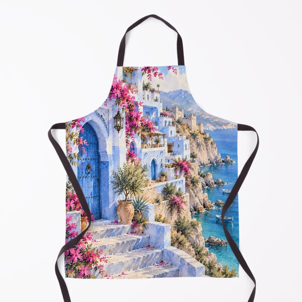 Item preview, Coastal Mediterranean Bougainvillea Watercolour Cliffside Blue designed and sold by Jozefin's Studio.