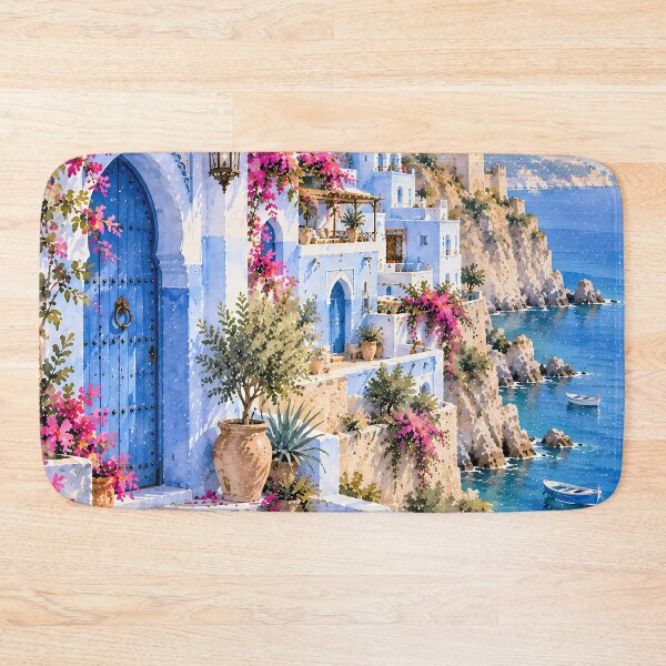 Item preview, Coastal Mediterranean Bougainvillea Watercolour Cliffside Blue designed and sold by Jozefin's Studio.