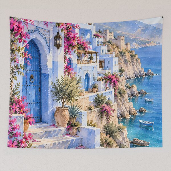 Item preview, Coastal Mediterranean Bougainvillea Watercolour Cliffside Blue designed and sold by Jozefin's Studio.