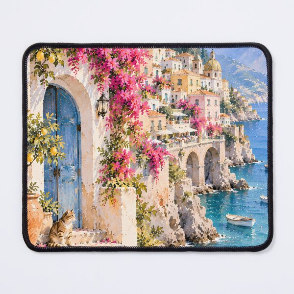 Item preview, Coastal Amalfi Watercolour Bougainvillea Cat Mediterranean Sea designed and sold by Jozefin's Studio.