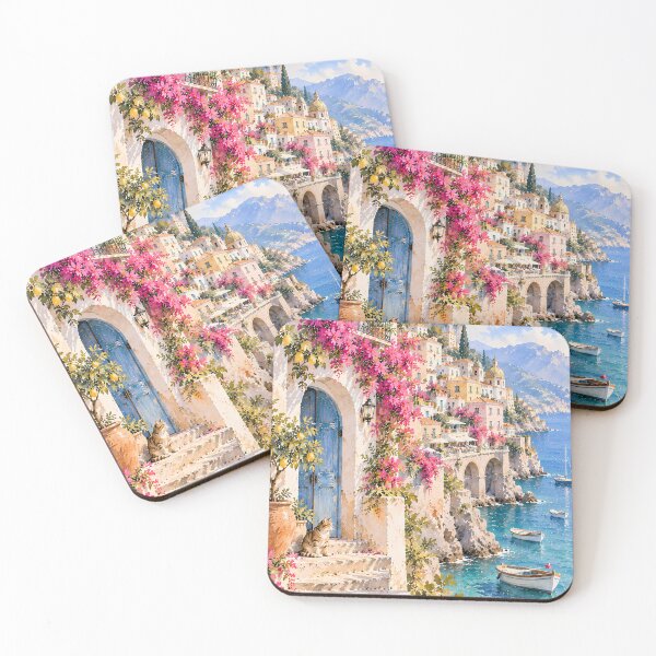 Item preview, Coastal Amalfi Watercolour Bougainvillea Cat Mediterranean Sea designed and sold by Jozefin's Studio.