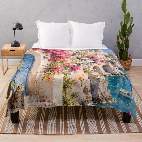 Item preview, Coastal Amalfi Watercolour Bougainvillea Cat Mediterranean Sea designed and sold by Jozefin's Studio.