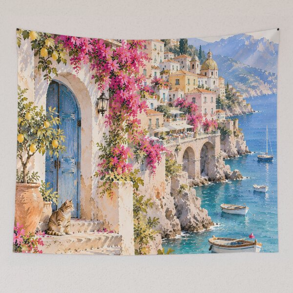 Item preview, Coastal Amalfi Watercolour Bougainvillea Cat Mediterranean Sea designed and sold by Jozefin's Studio.