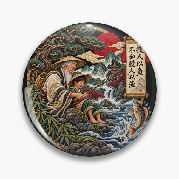 Item preview, Chinese Proverb Art – Teach a Man to Fish Calligraphy, Traditional Fishing & Mountain Embroidery designed and sold by Emoji Emblems.