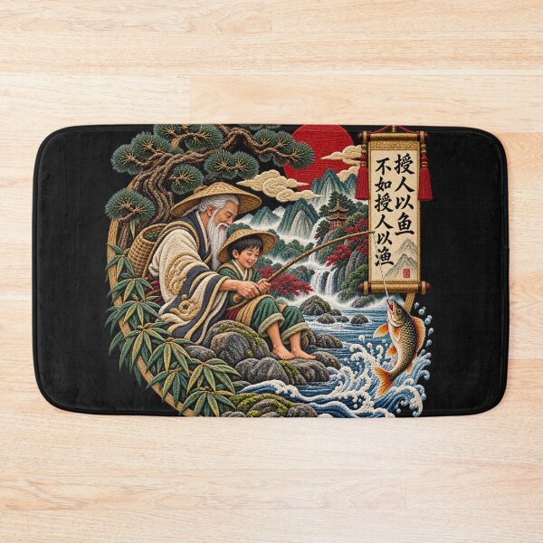 Item preview, Chinese Proverb Art – Teach a Man to Fish Calligraphy, Traditional Fishing & Mountain Embroidery designed and sold by Emoji Emblems.