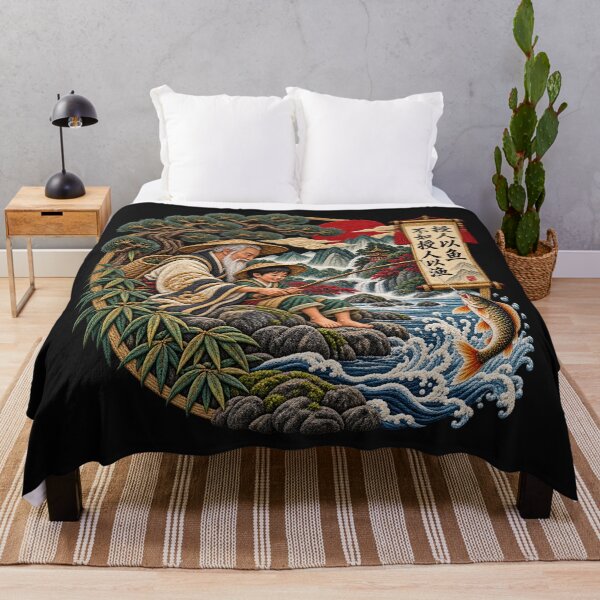 Item preview, Chinese Proverb Art – Teach a Man to Fish Calligraphy, Traditional Fishing & Mountain Embroidery designed and sold by Emoji Emblems.