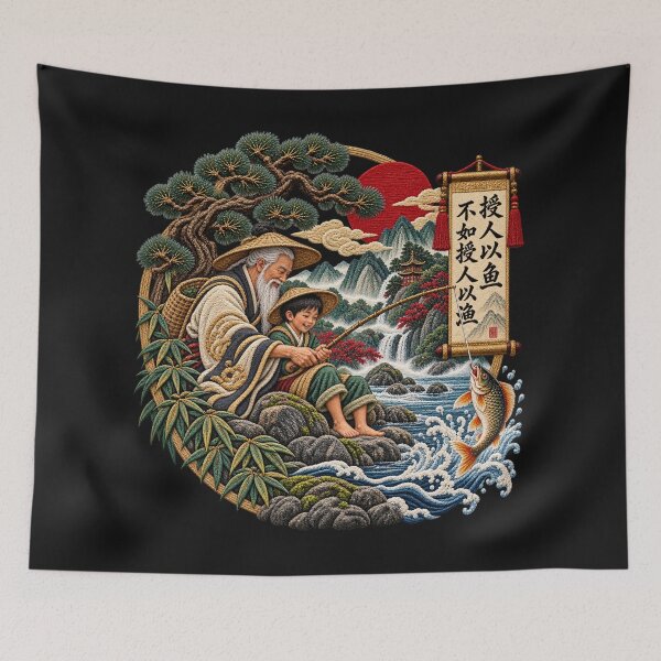 Item preview, Chinese Proverb Art – Teach a Man to Fish Calligraphy, Traditional Fishing & Mountain Embroidery designed and sold by Emoji Emblems.
