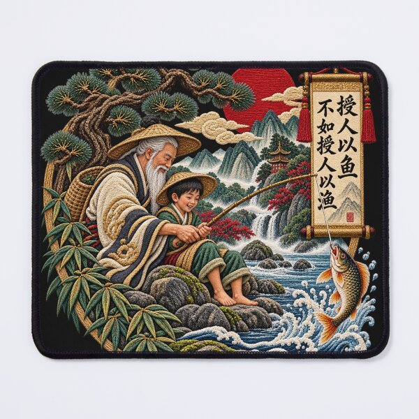 Item preview, Chinese Proverb Art – Teach a Man to Fish Calligraphy, Traditional Fishing & Mountain Embroidery designed and sold by Emoji Emblems.