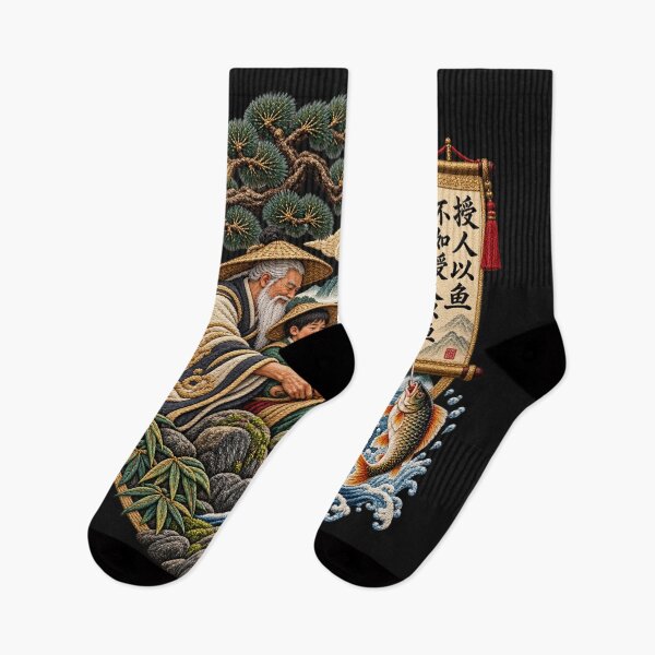 Item preview, Chinese Proverb Art – Teach a Man to Fish Calligraphy, Traditional Fishing & Mountain Embroidery designed and sold by Emoji Emblems.