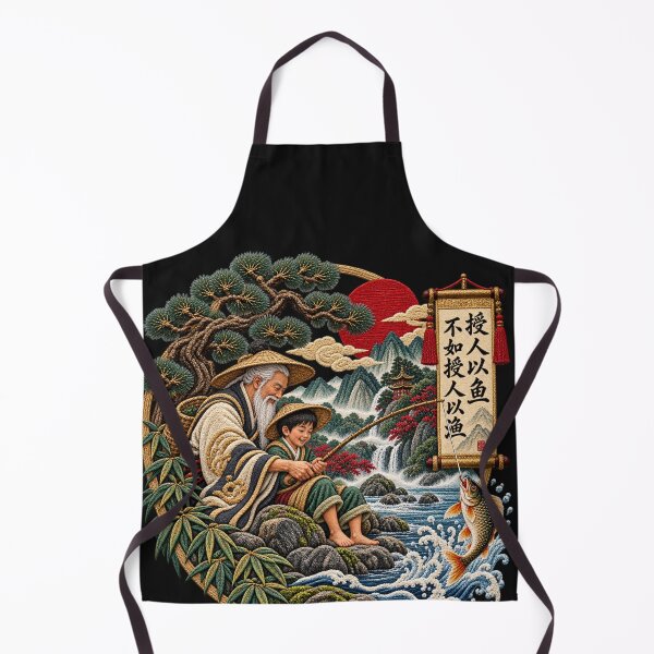 Item preview, Chinese Proverb Art – Teach a Man to Fish Calligraphy, Traditional Fishing & Mountain Embroidery designed and sold by Emoji Emblems.