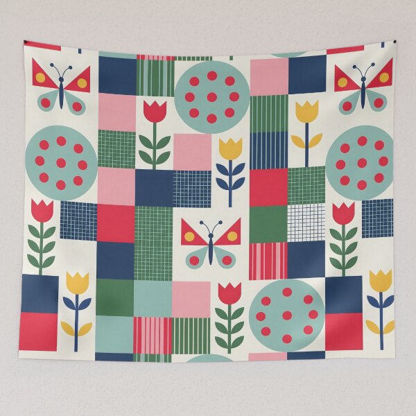 Item preview, Mid-Century Nordic Patchwork Pattern - Geometric Floral Butterfly Art designed and sold by ShabanMerch⭐⭐⭐.