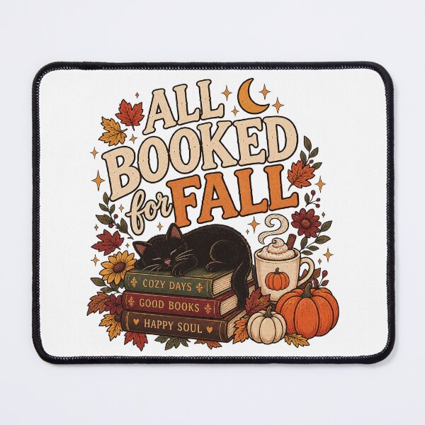 Item preview, All Booked for Fall Cozy Autumn Cat Books Pumpkin Hot Cocoa Vintage Design designed and sold by LandFinStudio.