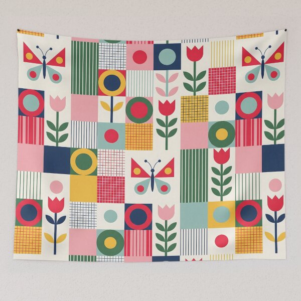Item preview, Copy of Mid-Century Nordic Patchwork Pattern - Geometric Floral Butterfly Art designed and sold by ShabanMerch⭐⭐⭐.
