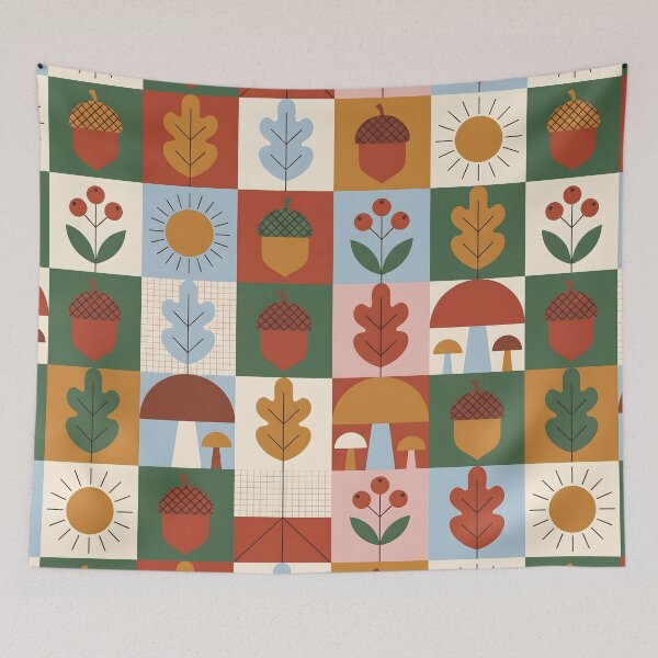 Item preview, Mid-Century Scandi Autumn Pattern - Hazelnut & Mushroom Folk Art designed and sold by ShabanMerch⭐⭐⭐.