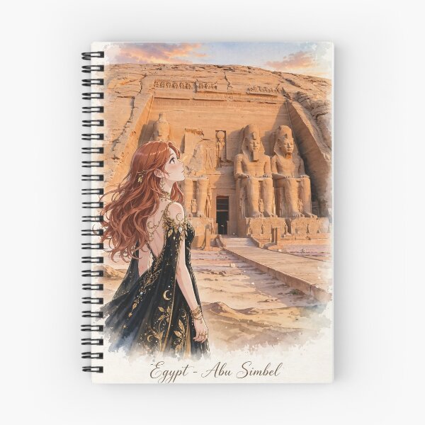 Item preview, Egypt Abu Simbel Temple with a Mysterious Redhead Traveler in an Elegant Black and Gold Dress, Ancient Statues and Magical Desert Sunset designed and sold by DibujandoPorfa.