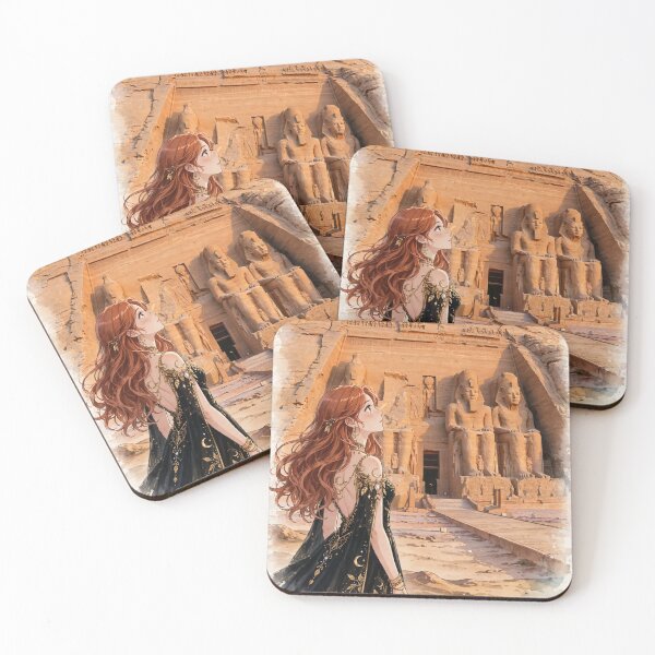 Item preview, Egypt Abu Simbel Temple with a Mysterious Redhead Traveler in an Elegant Black and Gold Dress, Ancient Statues and Magical Desert Sunset designed and sold by DibujandoPorfa.