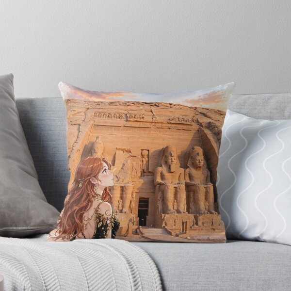 Item preview, Egypt Abu Simbel Temple with a Mysterious Redhead Traveler in an Elegant Black and Gold Dress, Ancient Statues and Magical Desert Sunset designed and sold by DibujandoPorfa.