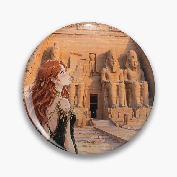 Item preview, Egypt Abu Simbel Temple with a Mysterious Redhead Traveler in an Elegant Black and Gold Dress, Ancient Statues and Magical Desert Sunset designed and sold by DibujandoPorfa.