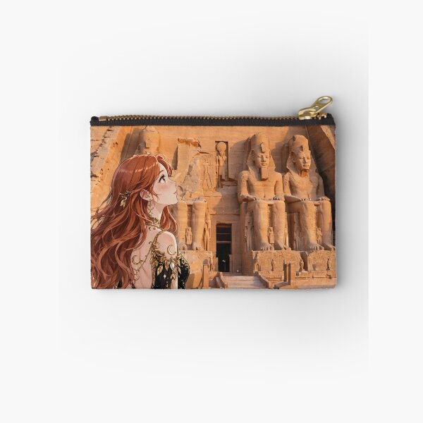 Item preview, Egypt Abu Simbel Temple with a Mysterious Redhead Traveler in an Elegant Black and Gold Dress, Ancient Statues and Magical Desert Sunset designed and sold by DibujandoPorfa.