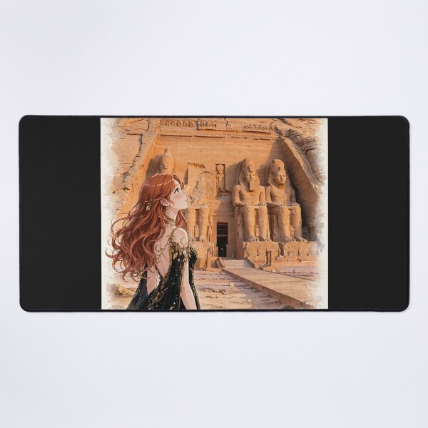 Item preview, Egypt Abu Simbel Temple with a Mysterious Redhead Traveler in an Elegant Black and Gold Dress, Ancient Statues and Magical Desert Sunset designed and sold by DibujandoPorfa.