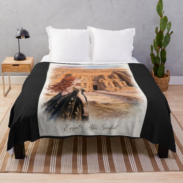 Item preview, Egypt Abu Simbel Temple with a Mysterious Redhead Traveler in an Elegant Black and Gold Dress, Ancient Statues and Magical Desert Sunset designed and sold by DibujandoPorfa.