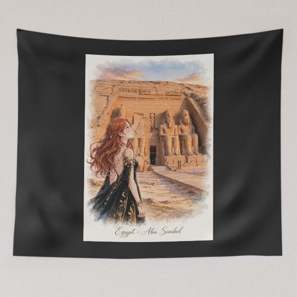 Item preview, Egypt Abu Simbel Temple with a Mysterious Redhead Traveler in an Elegant Black and Gold Dress, Ancient Statues and Magical Desert Sunset designed and sold by DibujandoPorfa.