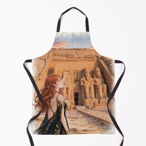 Item preview, Egypt Abu Simbel Temple with a Mysterious Redhead Traveler in an Elegant Black and Gold Dress, Ancient Statues and Magical Desert Sunset designed and sold by DibujandoPorfa.