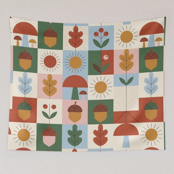 Item preview, Mid-Century Scandi Autumn Pattern - Hazelnut & Mushroom Folk Art designed and sold by ShabanMerch⭐⭐⭐.