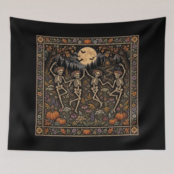 Item preview, Dancing Skeletons in a Haunted Wildflower Garden designed and sold by ParfaitPrints.