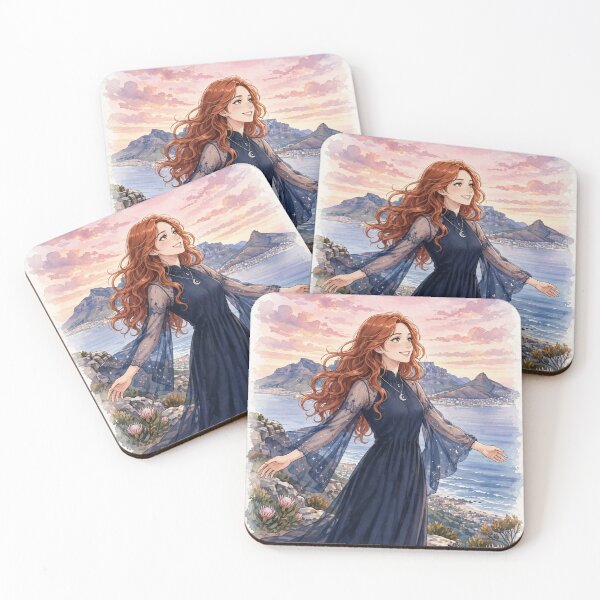 Item preview, South Africa Cape Town Table Mountain with a Radiant Redhead Traveler in an Elegant Midnight Blue Dress, Ocean View and Magical Sunrise Landscape designed and sold by DibujandoPorfa.