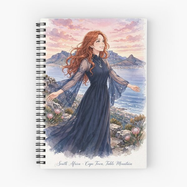 Item preview, South Africa Cape Town Table Mountain with a Radiant Redhead Traveler in an Elegant Midnight Blue Dress, Ocean View and Magical Sunrise Landscape designed and sold by DibujandoPorfa.