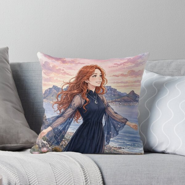 Item preview, South Africa Cape Town Table Mountain with a Radiant Redhead Traveler in an Elegant Midnight Blue Dress, Ocean View and Magical Sunrise Landscape designed and sold by DibujandoPorfa.
