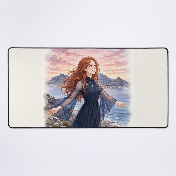 Item preview, South Africa Cape Town Table Mountain with a Radiant Redhead Traveler in an Elegant Midnight Blue Dress, Ocean View and Magical Sunrise Landscape designed and sold by DibujandoPorfa.