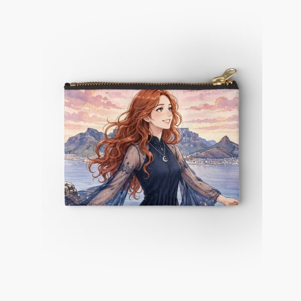 Item preview, South Africa Cape Town Table Mountain with a Radiant Redhead Traveler in an Elegant Midnight Blue Dress, Ocean View and Magical Sunrise Landscape designed and sold by DibujandoPorfa.