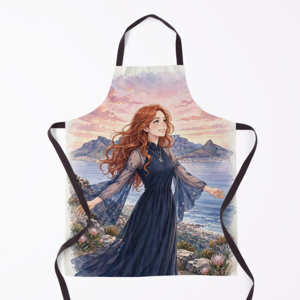 Item preview, South Africa Cape Town Table Mountain with a Radiant Redhead Traveler in an Elegant Midnight Blue Dress, Ocean View and Magical Sunrise Landscape designed and sold by DibujandoPorfa.
