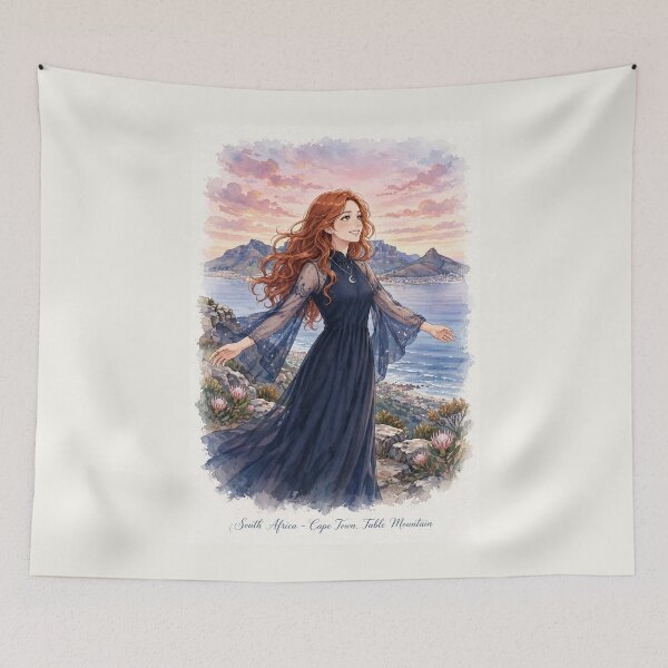 Item preview, South Africa Cape Town Table Mountain with a Radiant Redhead Traveler in an Elegant Midnight Blue Dress, Ocean View and Magical Sunrise Landscape designed and sold by DibujandoPorfa.