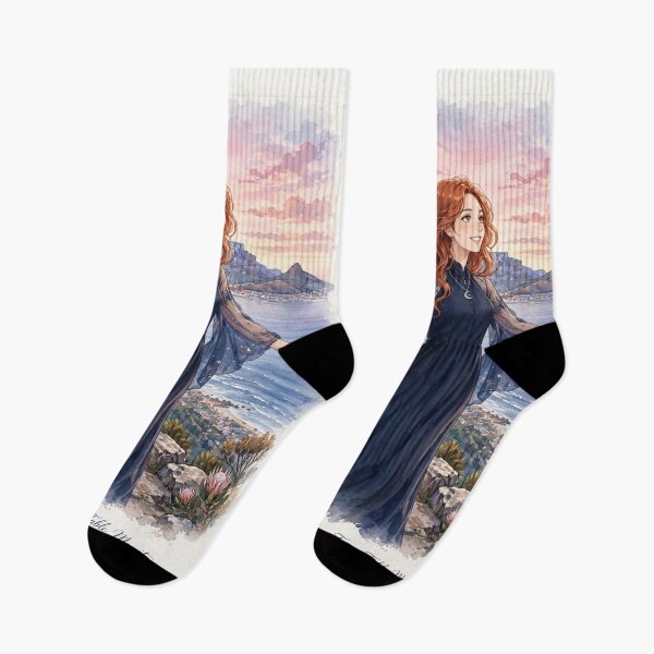 Item preview, South Africa Cape Town Table Mountain with a Radiant Redhead Traveler in an Elegant Midnight Blue Dress, Ocean View and Magical Sunrise Landscape designed and sold by DibujandoPorfa.