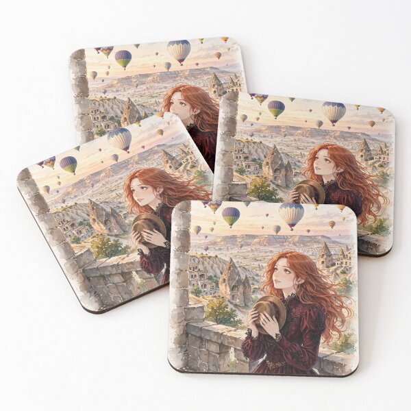 Item preview, Turkey Cappadocia with an Enchanting Redhead Traveler in Burgundy Gothic Dress, Magical Hot Air Balloons and Golden Valley Landscape designed and sold by DibujandoPorfa.