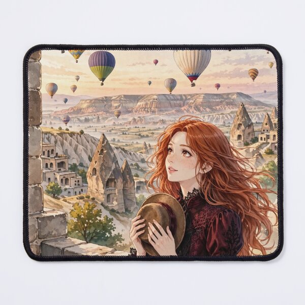 Item preview, Turkey Cappadocia with an Enchanting Redhead Traveler in Burgundy Gothic Dress, Magical Hot Air Balloons and Golden Valley Landscape designed and sold by DibujandoPorfa.