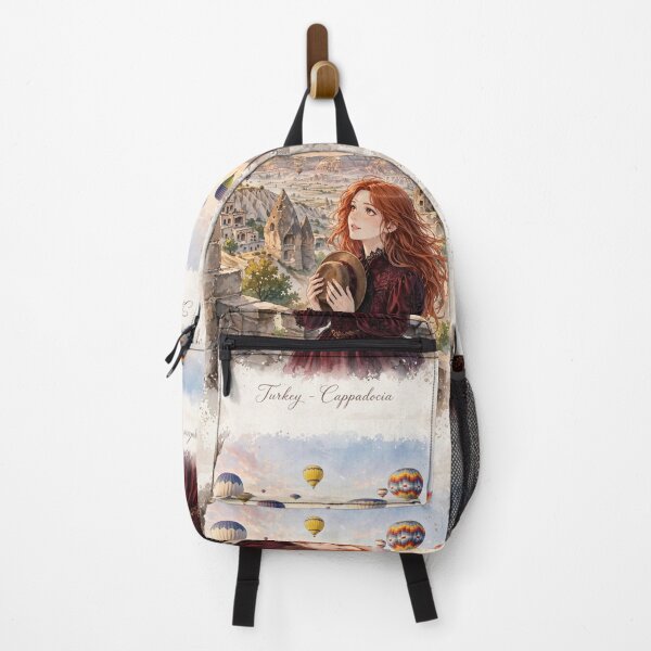 Item preview, Turkey Cappadocia with an Enchanting Redhead Traveler in Burgundy Gothic Dress, Magical Hot Air Balloons and Golden Valley Landscape designed and sold by DibujandoPorfa.