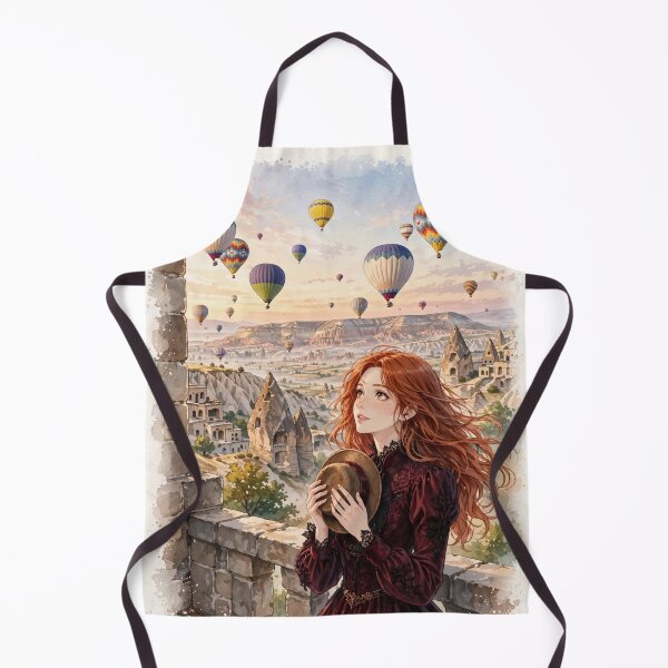 Item preview, Turkey Cappadocia with an Enchanting Redhead Traveler in Burgundy Gothic Dress, Magical Hot Air Balloons and Golden Valley Landscape designed and sold by DibujandoPorfa.