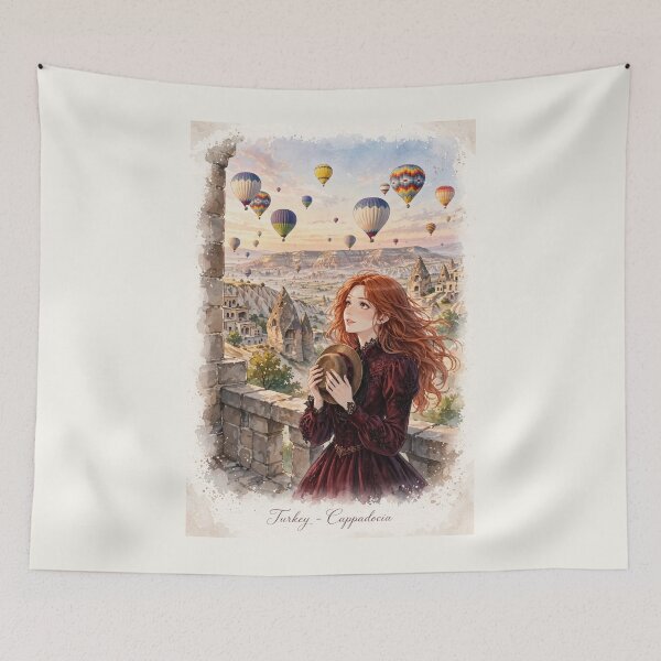 Item preview, Turkey Cappadocia with an Enchanting Redhead Traveler in Burgundy Gothic Dress, Magical Hot Air Balloons and Golden Valley Landscape designed and sold by DibujandoPorfa.