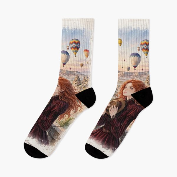 Item preview, Turkey Cappadocia with an Enchanting Redhead Traveler in Burgundy Gothic Dress, Magical Hot Air Balloons and Golden Valley Landscape designed and sold by DibujandoPorfa.