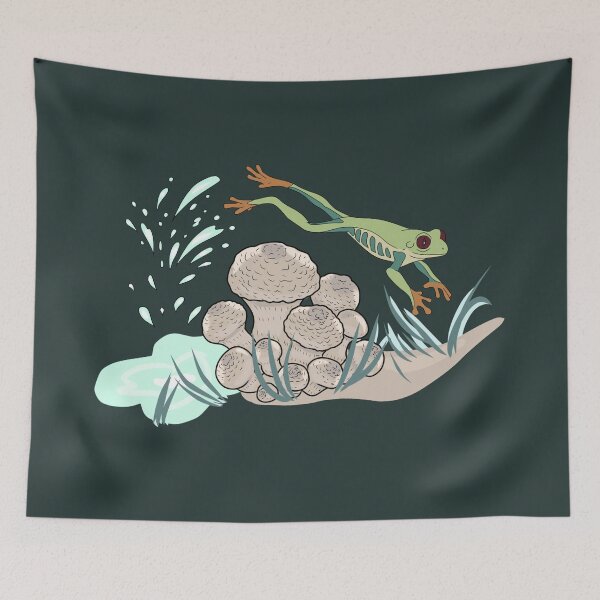 Item preview, Jumping Tree Frog with Wild Mushrooms Illustration - Cottagecore Nature Art designed and sold by LeshanArt.